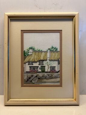 Vintage Framed Cross-Stitch Cornish Cottage (UK) Art in Cream and Gold Frame